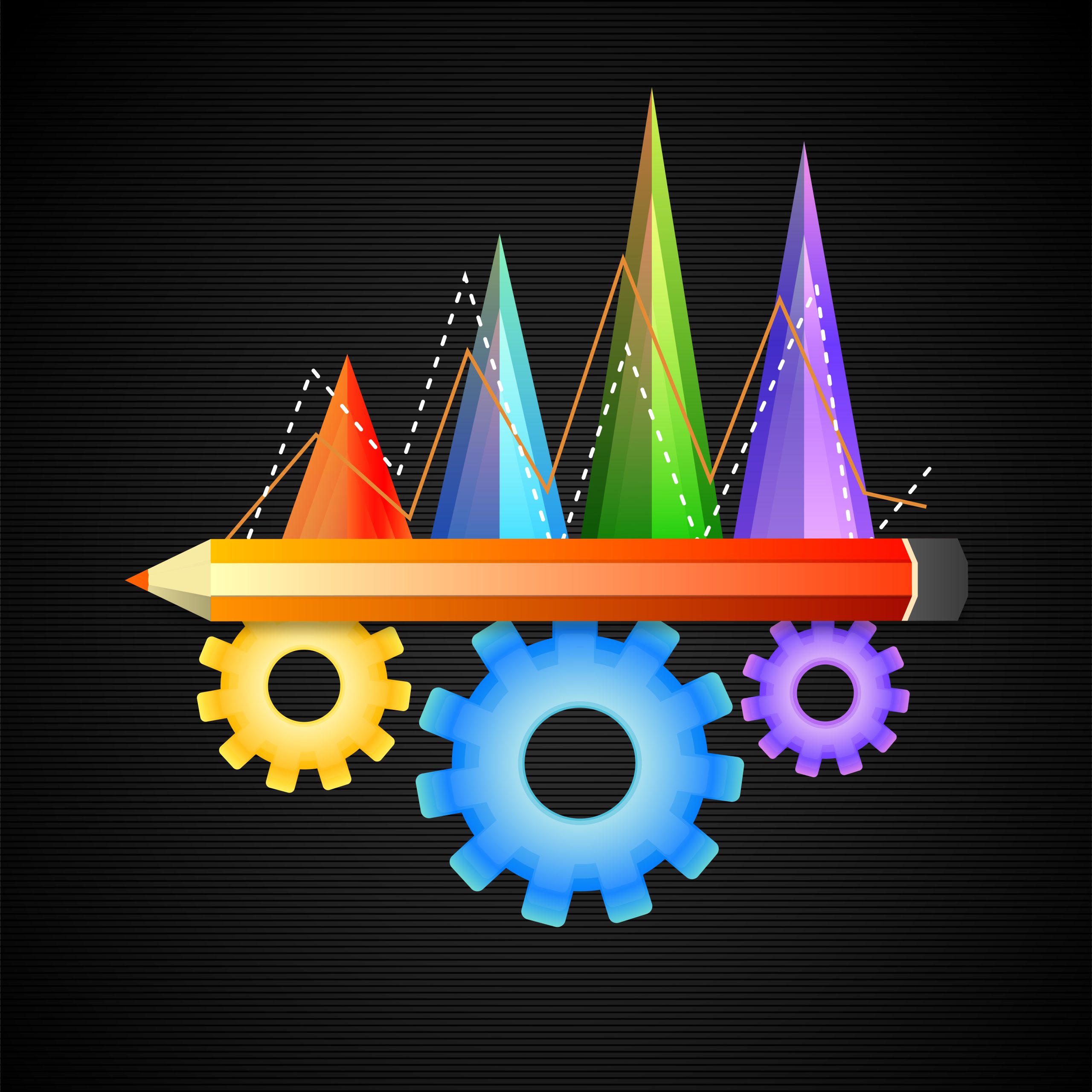 Crayon gris sur rouages colorés et sous pics de statistiques colorés