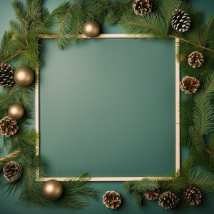 Holiday background with white card in the middle of evergreen tree branches, christmas and festive season concept, minimalistic design, copy space Cadre sur fond vert de branches de sapin et mini pommes de pin et boules dorées - Illustration Adobe pour Com' du Soleil