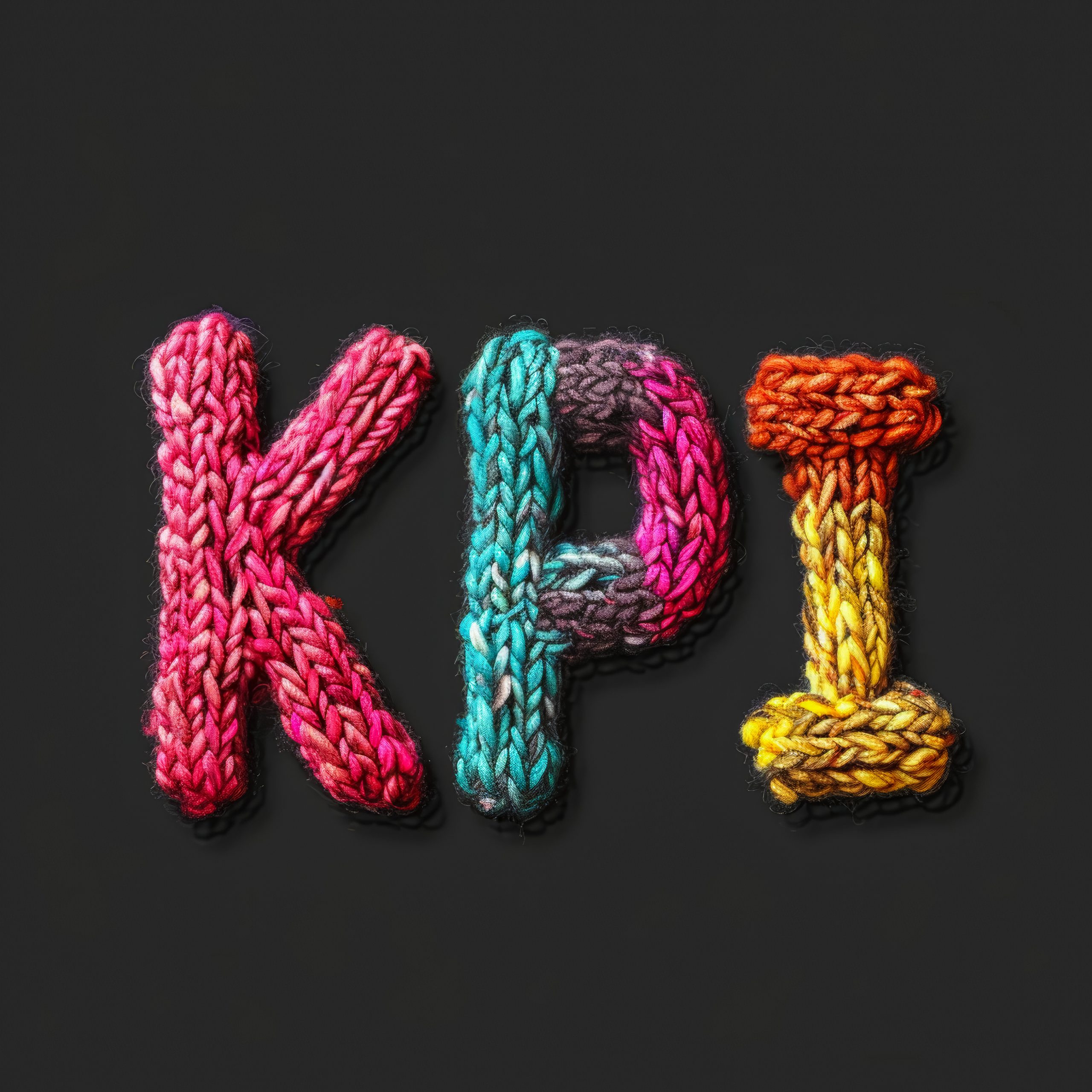 Lettre KPI tricotées en laine de différentes couleurs sur fond noir