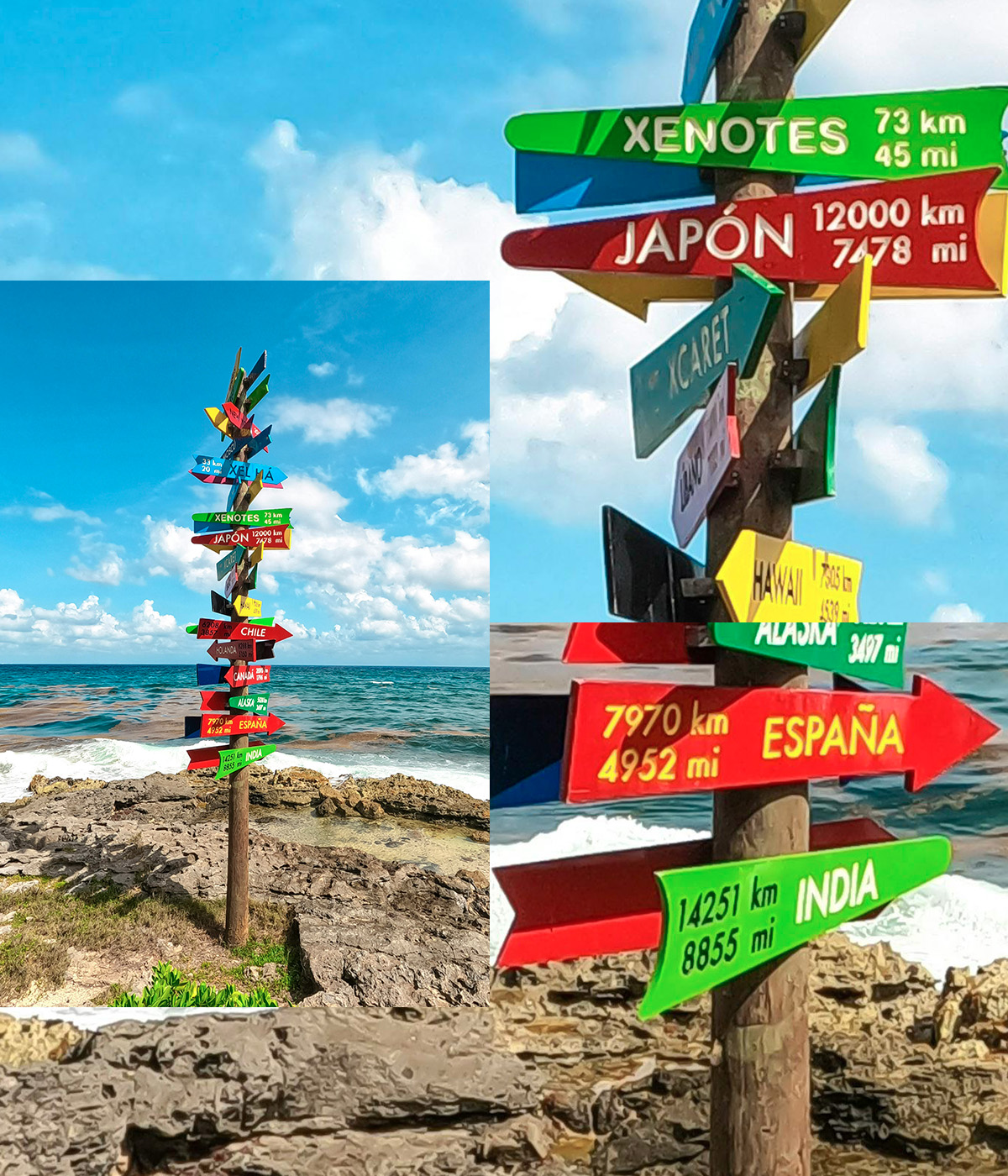Panneaux indicateurs de pays de différentes couleurs sur un poteau au bord de l'océan
